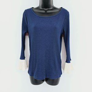 J Crew Long Bell Sleeve Top M Navy Blue Cream Ribbed Boat Neck Cotton Stretch